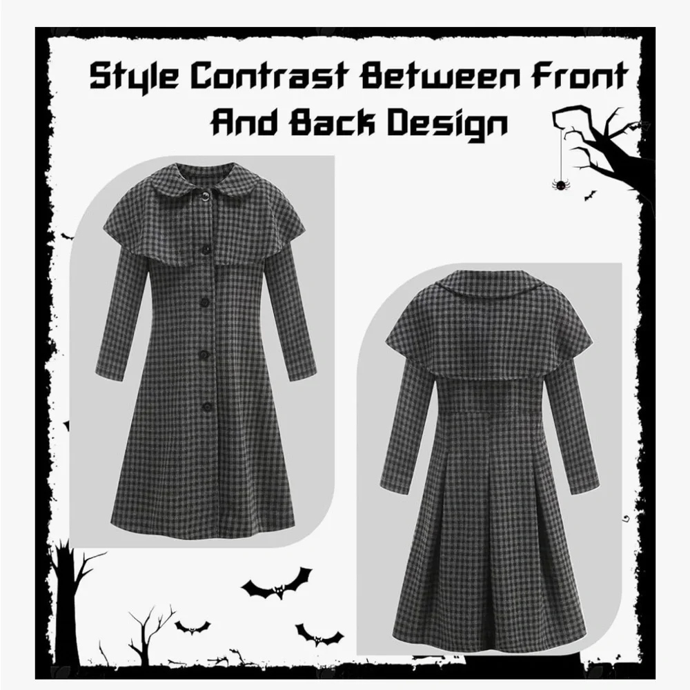 Girls Long Black Trench Coat – Gothic Style Costume for Kids 005
